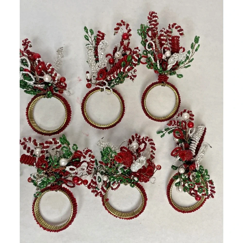 Beaded Holiday Christmas Napkin Ring Holders Set Of 8